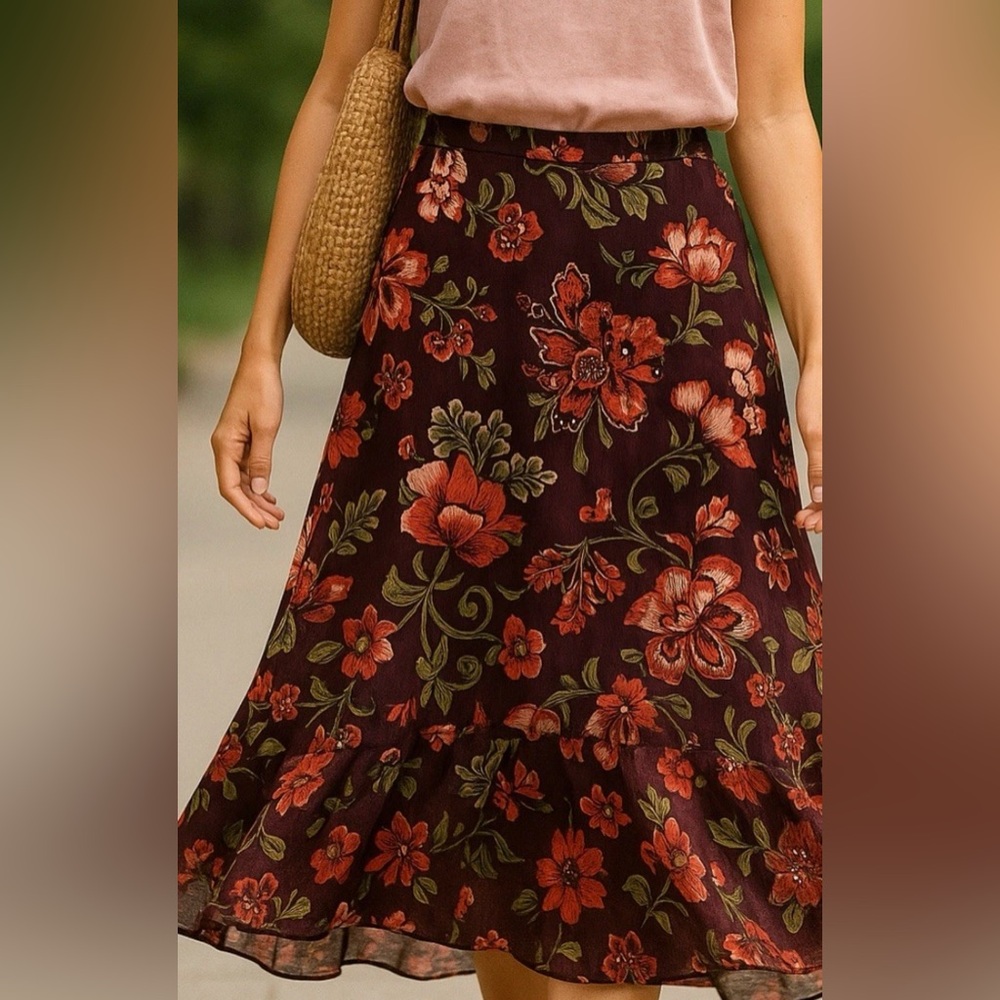 🚺 🆕👗New Loft Midi Floral Hi Low Chiffon Skirt Women XS 4 29” Long 14.5” Waist